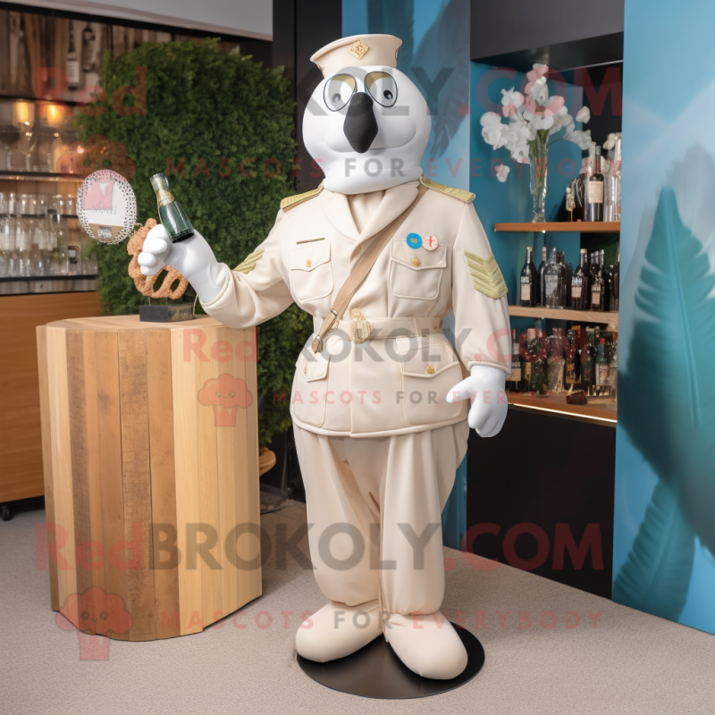 Cream Air Force Soldier mascot costume character dressed with a Cocktail Dress and Suspenders