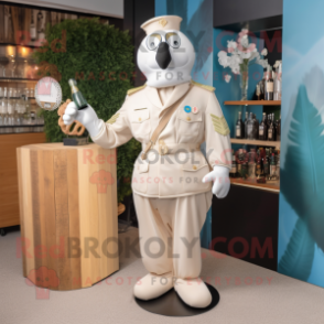 Cream Air Force Soldier mascot costume character dressed with a Cocktail Dress and Suspenders