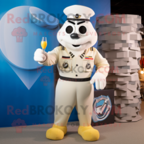 Cream Air Force Soldier mascot costume character dressed with a Cocktail Dress and Suspenders