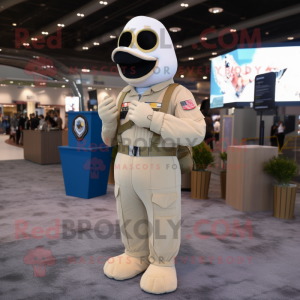 Cream Air Force Soldier mascot costume character dressed with a Cocktail Dress and Suspenders