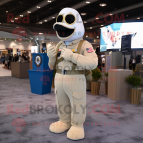 Cream Air Force Soldier mascot costume character dressed with a Cocktail Dress and Suspenders