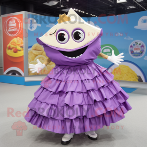 Lavender Nachos mascot costume character dressed with a Circle Skirt and Shoe laces