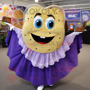 Lavender Nachos mascot costume character dressed with a Circle Skirt and Shoe laces