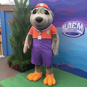 Lavender Sea Lion mascot costume character dressed with a Bermuda Shorts and Shoe clips