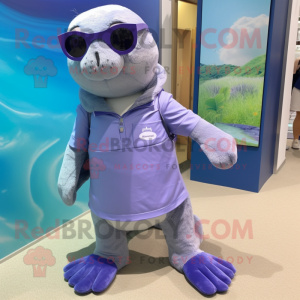 Lavender Sea Lion mascot costume character dressed with a Bermuda Shorts and Shoe clips
