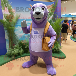 Lavender Sea Lion mascot costume character dressed with a Bermuda Shorts and Shoe clips