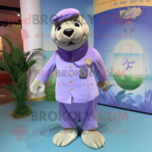 Lavender Sea Lion mascot costume character dressed with a Bermuda Shorts and Shoe clips