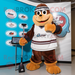 Brown Ice Hockey Stick mascot costume character dressed with a Cover-up and Digital watches