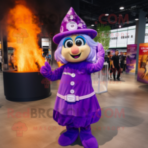 Purple Fire Fighter mascot costume character dressed with a Maxi Dress and Earrings