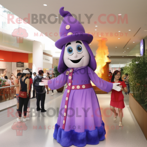 Purple Fire Fighter mascot costume character dressed with a Maxi Dress and Earrings
