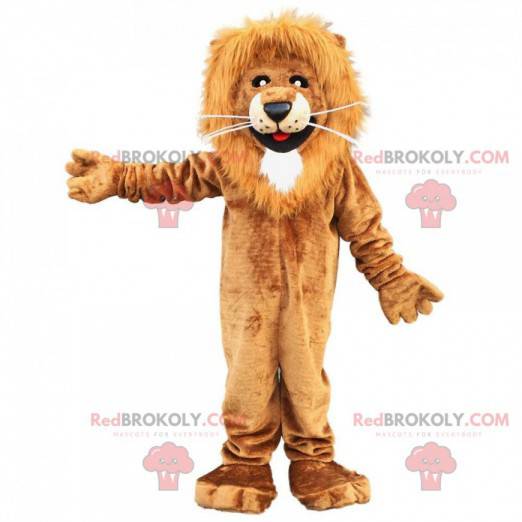 Brown and white lion mascot, hairy feline costume -