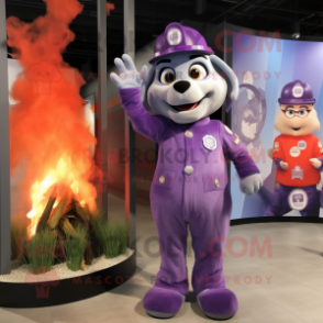 Purple Fire Fighter mascot costume character dressed with a Maxi Dress and Earrings