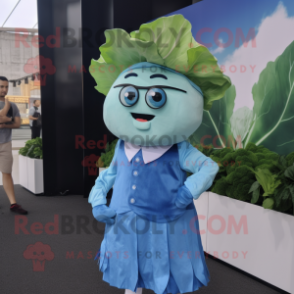 Sky Blue Cabbage Leaf mascot costume character dressed with a Dress Shirt and Cufflinks