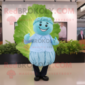 Sky Blue Cabbage Leaf mascot costume character dressed with a Dress Shirt and Cufflinks