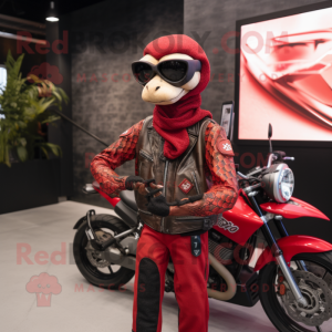 Red Python mascot costume character dressed with a Moto Jacket and Eyeglasses