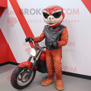 Red Python mascot costume character dressed with a Moto Jacket and Eyeglasses
