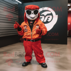 Red Python mascot costume character dressed with a Moto Jacket and Eyeglasses