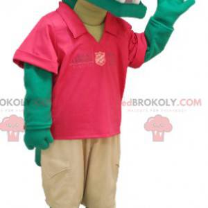 Mascota de cocodrilo verde en traje rojo y beige -