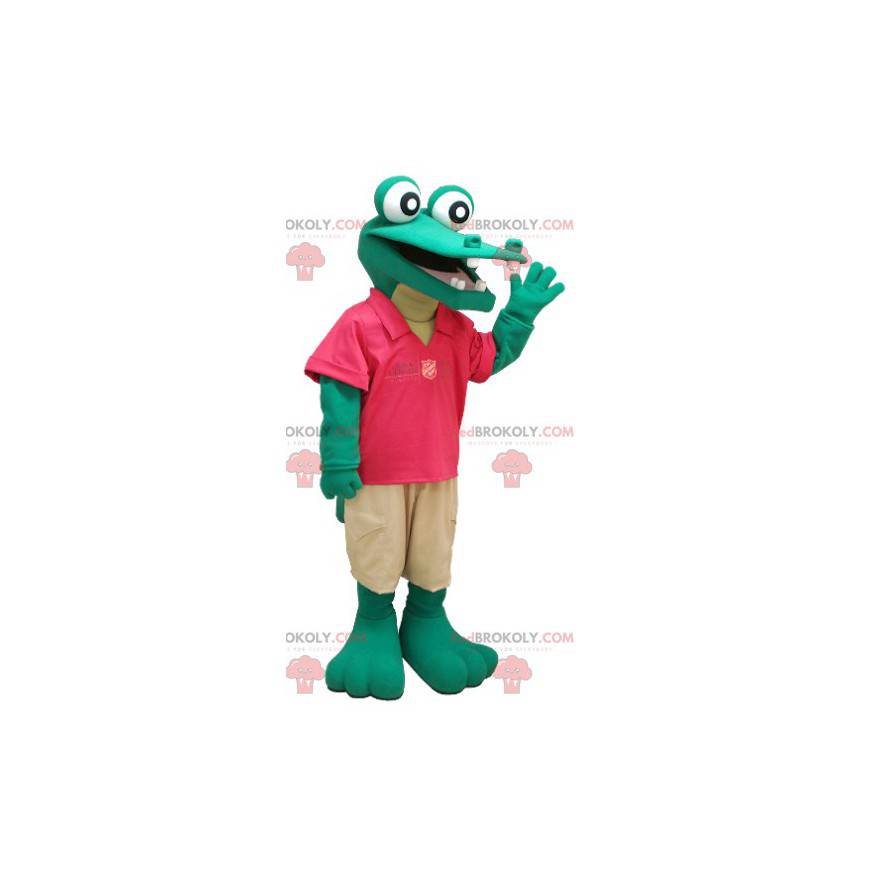 Grøn krokodille maskot i rødt og beige outfit - Redbrokoly.com