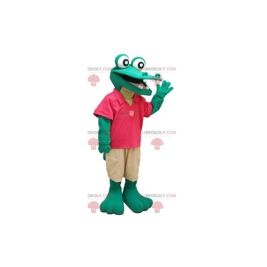 Mascotte coccodrillo verde in abito rosso e beige -