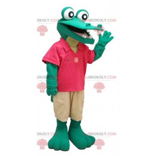 Mascote crocodilo verde em traje vermelho e bege -