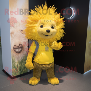 Yellow Porcupine mascot costume character dressed with a Jeans and Anklets