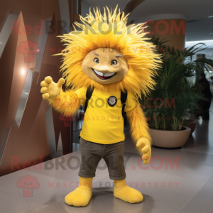 Yellow Porcupine mascot costume character dressed with a Jeans and Anklets