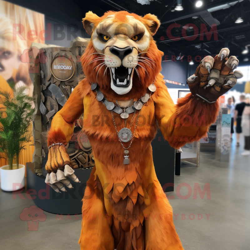 Rust Smilodon mascot costume character dressed with a Dress and Bracelets