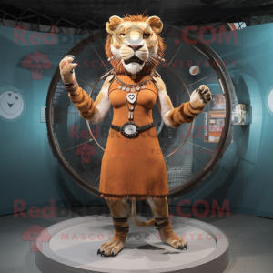 Rust Smilodon mascot costume character dressed with a Dress and Bracelets