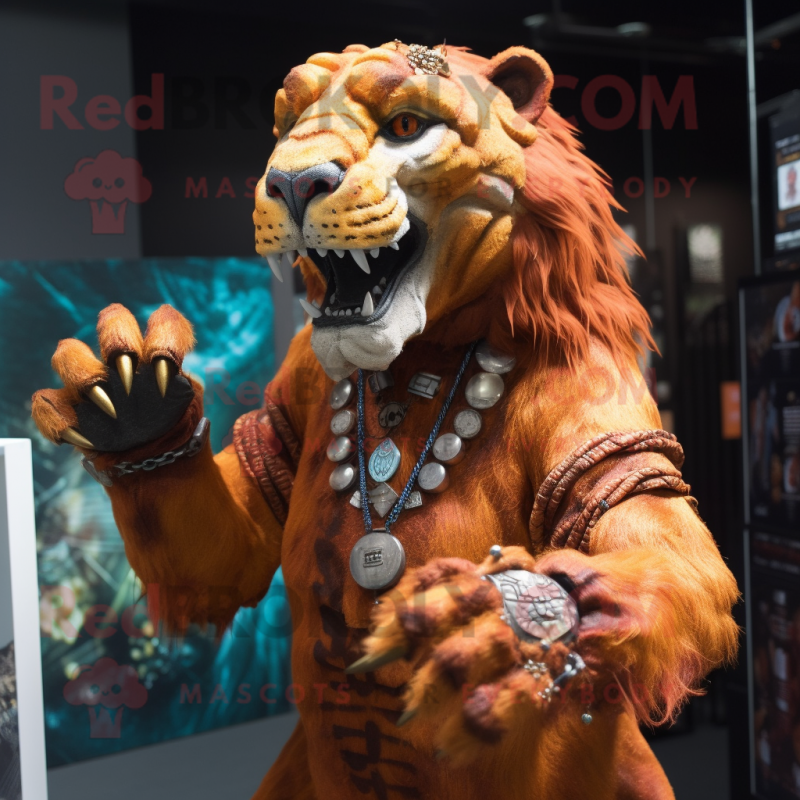 Rust Smilodon mascot costume character dressed with a Dress and Bracelets