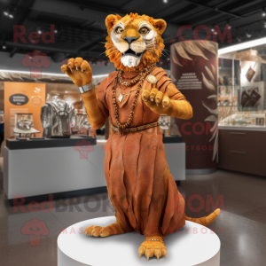 Rust Smilodon mascot costume character dressed with a Dress and Bracelets