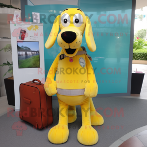 Lemon Yellow Dog mascot costume character dressed with a Tank Top and Messenger bags