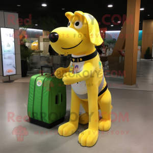 Lemon Yellow Dog mascot costume character dressed with a Tank Top and Messenger bags