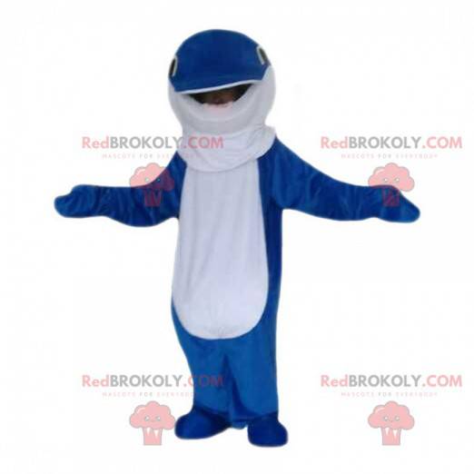 Mascote golfinho azul e branco, fantasia de peixe gigante -