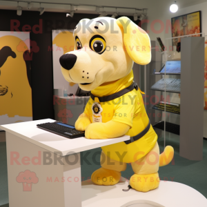 Lemon Yellow Dog mascot costume character dressed with a Tank Top and Messenger bags