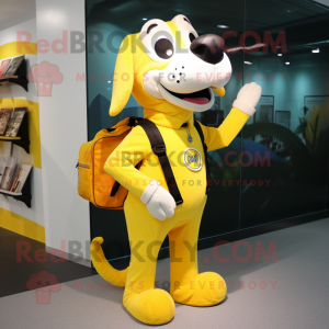 Lemon Yellow Dog mascot costume character dressed with a Tank Top and Messenger bags