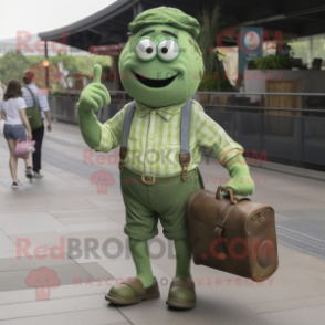 Green Meatballs mascot costume character dressed with a Button-Up Shirt and Briefcases