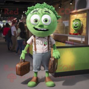 Green Meatballs mascot costume character dressed with a Button-Up Shirt and Briefcases