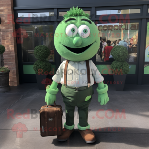 Green Meatballs mascot costume character dressed with a Button-Up Shirt and Briefcases