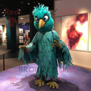Turquoise Harpy mascot costume character dressed with a Evening Gown and Cufflinks