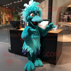 Turquoise Harpy mascot costume character dressed with a Evening Gown and Cufflinks