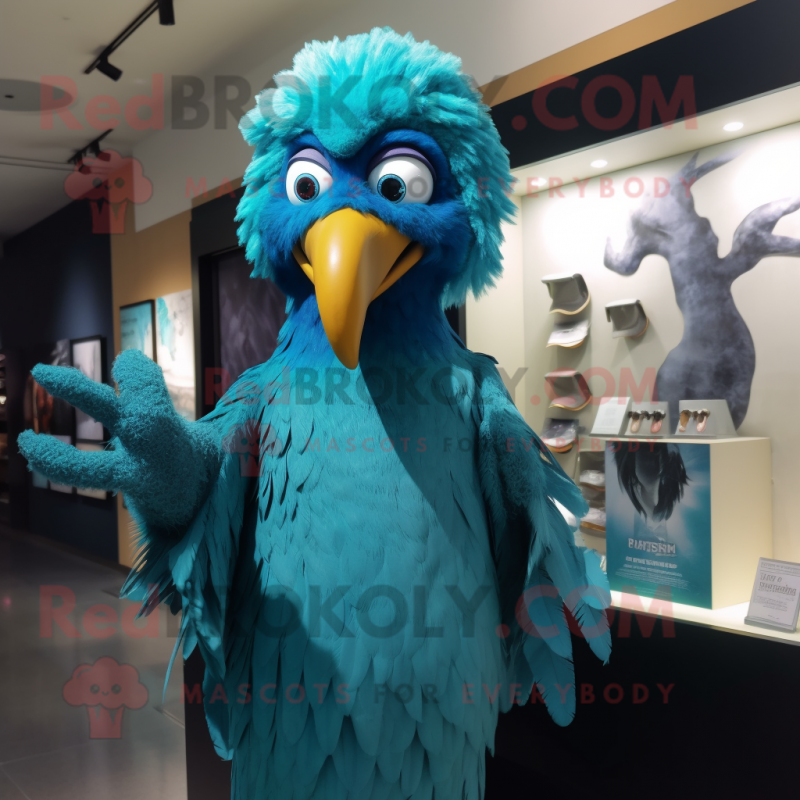 Turquoise Harpy mascot costume character dressed with a Evening Gown and Cufflinks