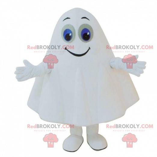 Hvit spøkelsesmaskot med blå øyne, spøkelsesdrakt -