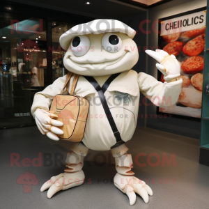 Cream Crab mascot costume character dressed with a T-Shirt and Clutch bags