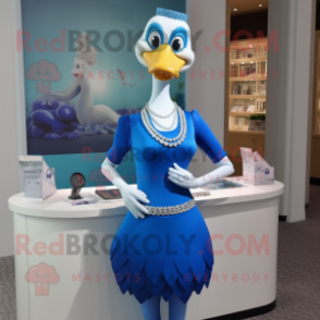 Blue Swans mascot costume character dressed with a Pencil Skirt and Necklaces