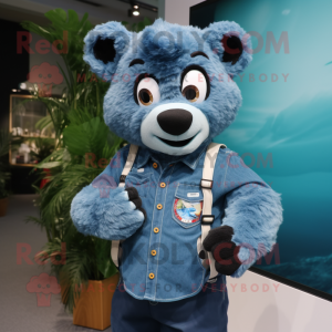 Cyan Spectacled Bear mascot costume character dressed with a Denim Shirt and Digital watches