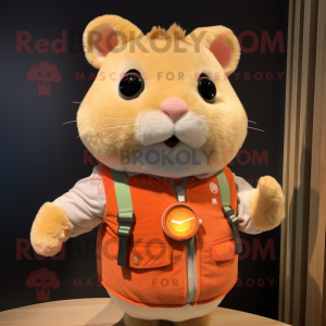 Peach Hamster mascot costume character dressed with a Corduroy Pants and Smartwatches