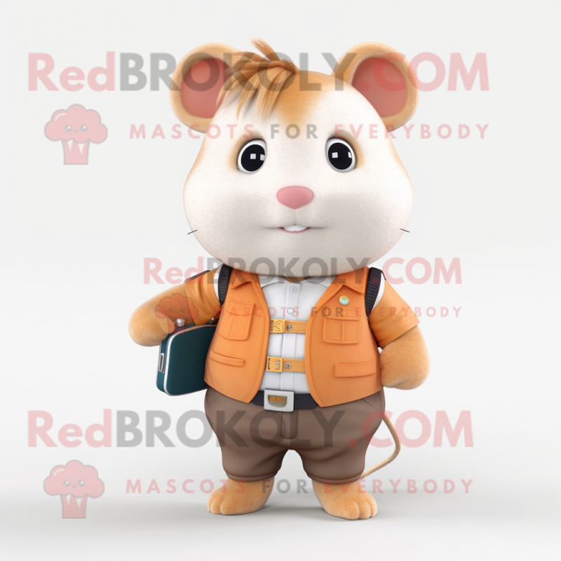 Peach Hamster mascot costume character dressed with a Corduroy Pants and Smartwatches