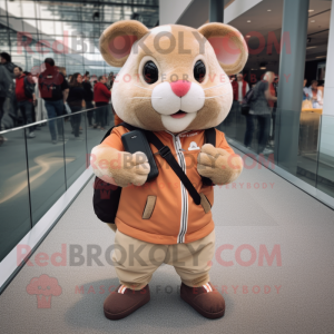 Peach Hamster mascot costume character dressed with a Corduroy Pants and Smartwatches