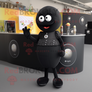 Black Petanque Ball mascot costume character dressed with a Cocktail Dress and Wallets